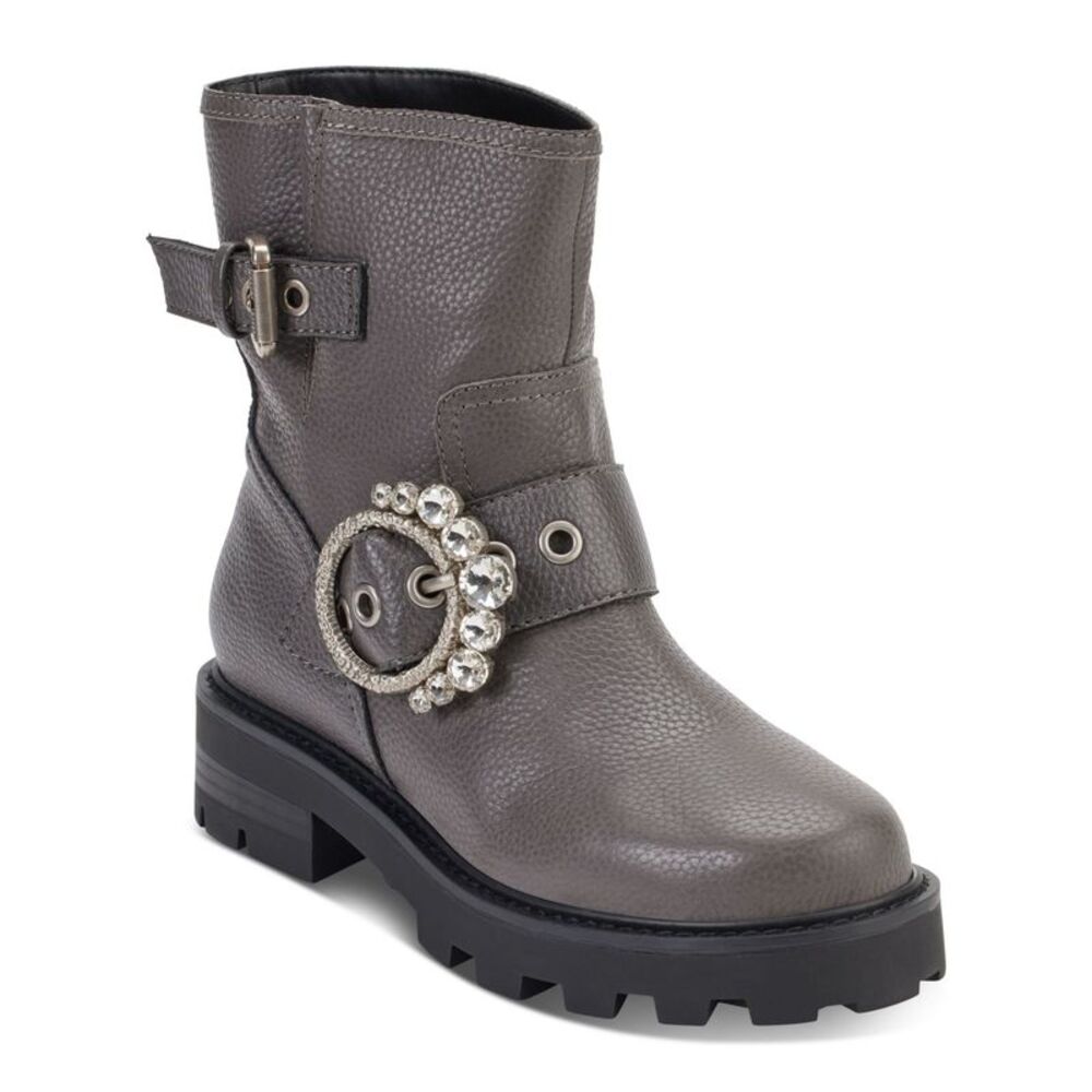 KARL LAGERFELD PARIS Womens Gray Marceau Toe Block Heel Leather Boots Shoes 5 M - Picture 1 of 4